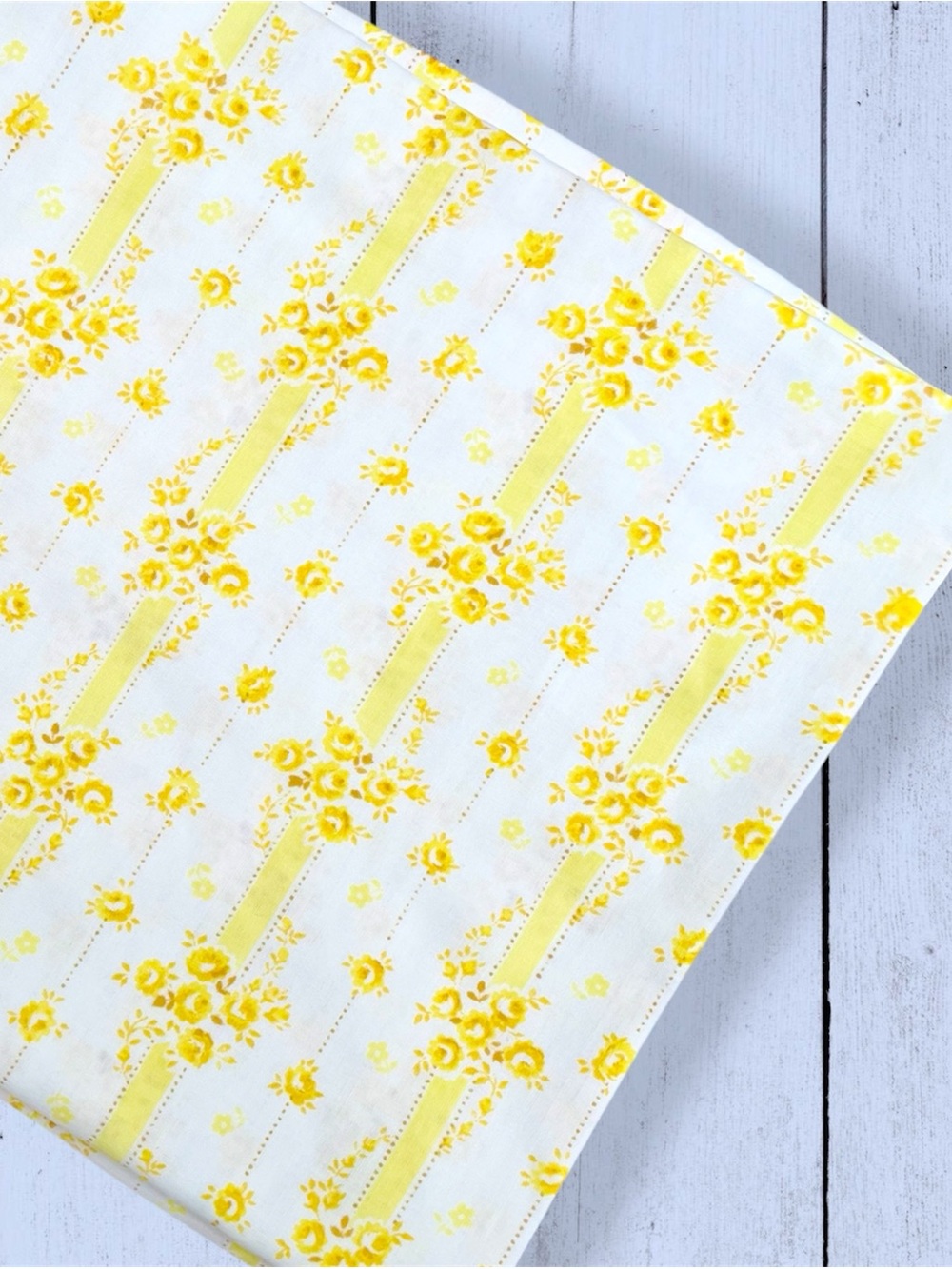 Vintage 70s Extra Long Twin Flat Sheet Deep Yellow Floral Stripe Cottagecore